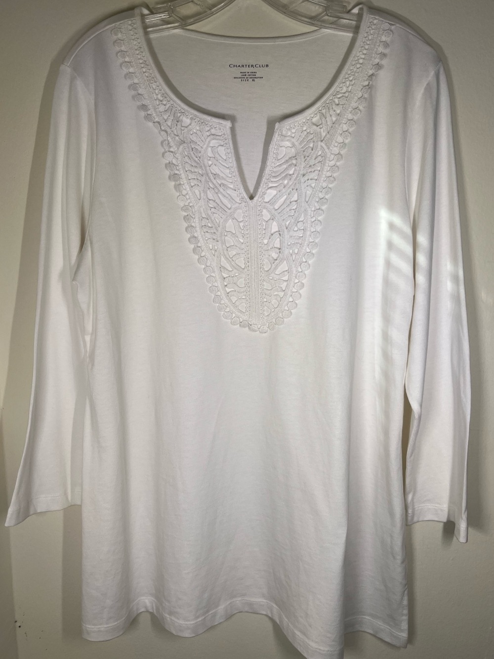 Charter Club Cotton White Lace Crochet-Trim Scoop V-Notch Tunic